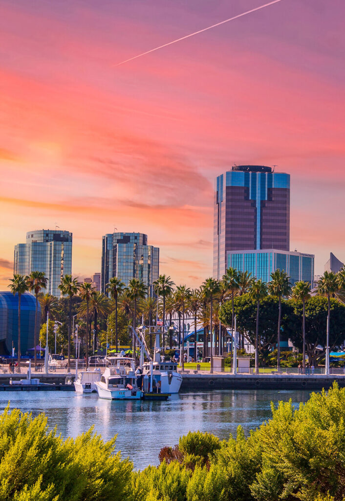 Boats on the water in front of downtown Long Beach, CA